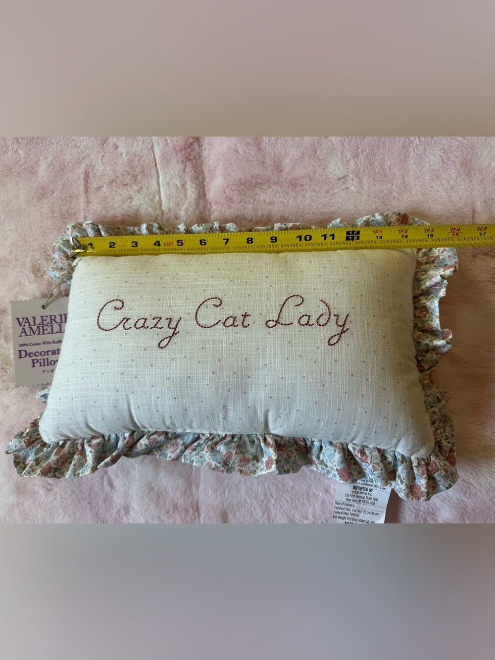 Cream "Crazy Cat Lady" Embroidered Accent Pillow with Floral Ruffle - Picture 2 of 3